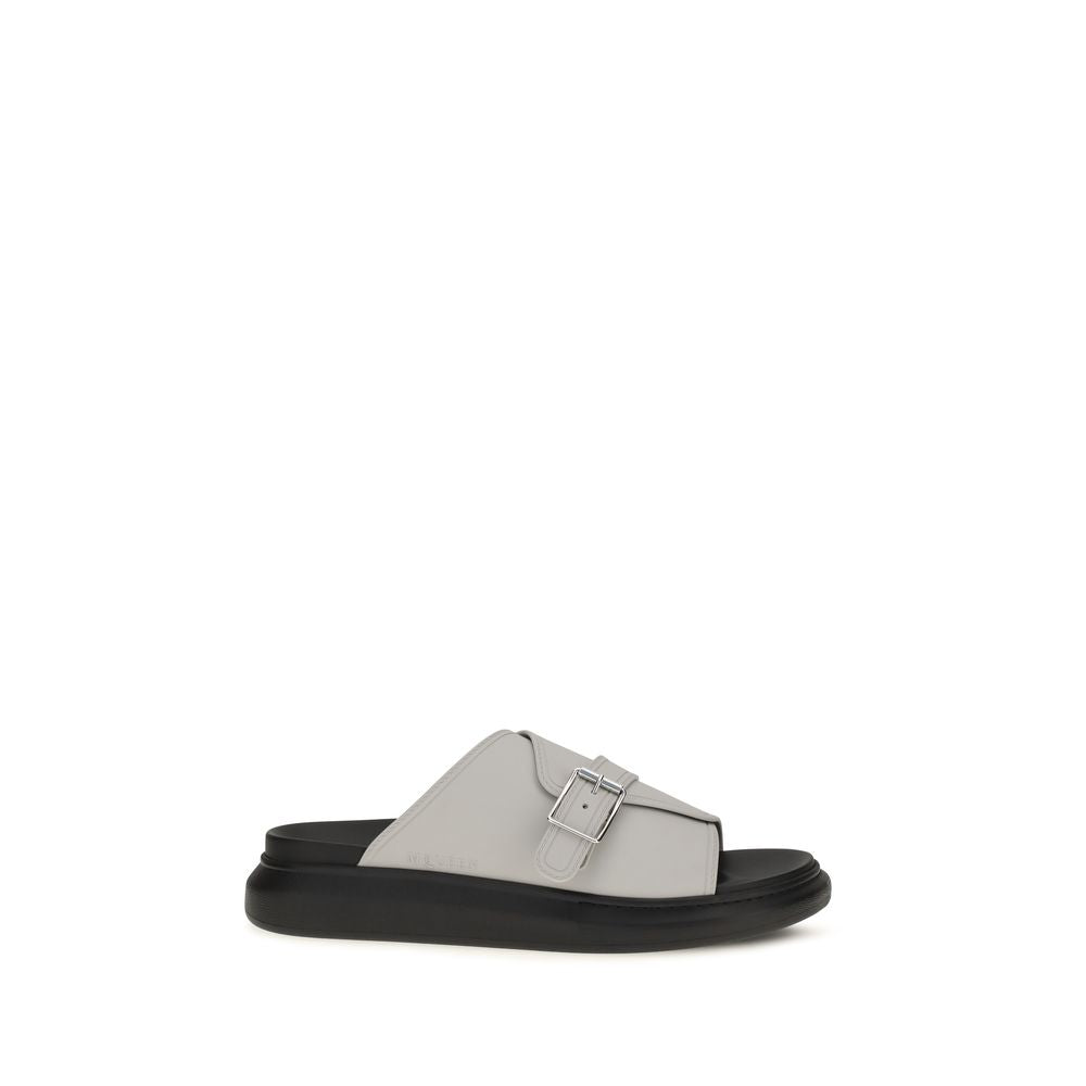 Alexander McQueen Ash Gray Leather Slide Hybrid Buckle Sandals