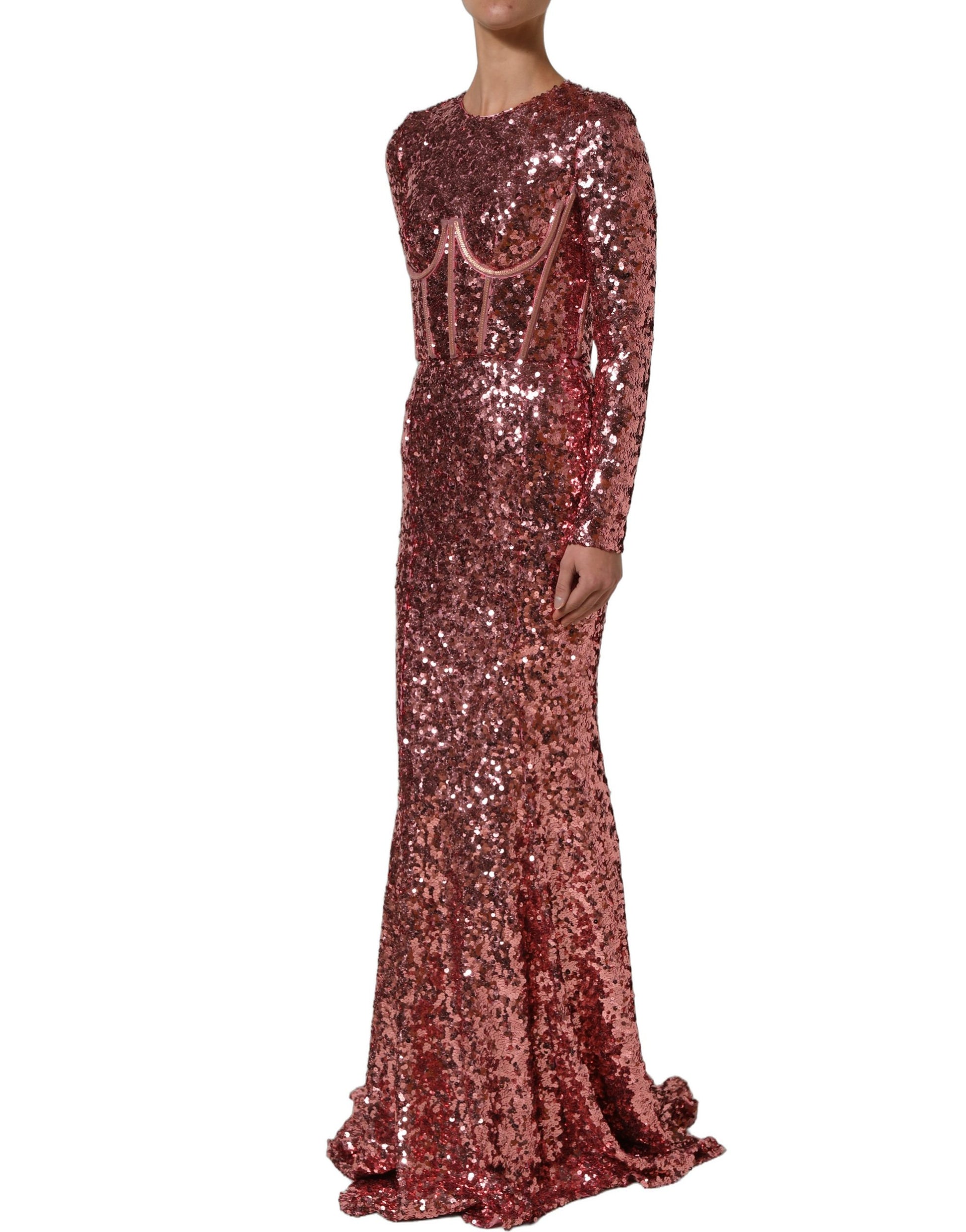Dolce & Gabbana Pink Long Sequined Corset Detailing Gown Dress