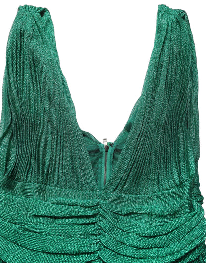 Dolce & Gabbana Metallic Green Sleeveless Plissé Gown Dress