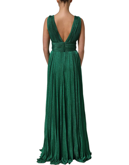 Dolce & Gabbana Metallic Green Sleeveless Plissé Gown Dress