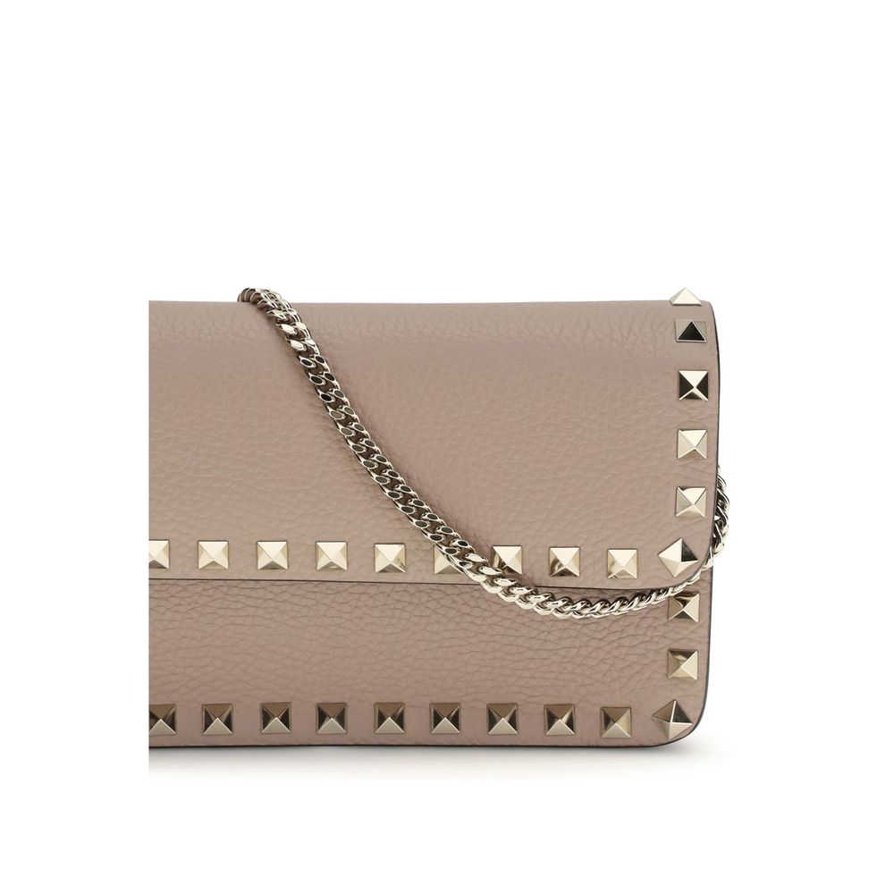 Valentino Garavani Poudre Pink Leather Rockstud Chain Wallet