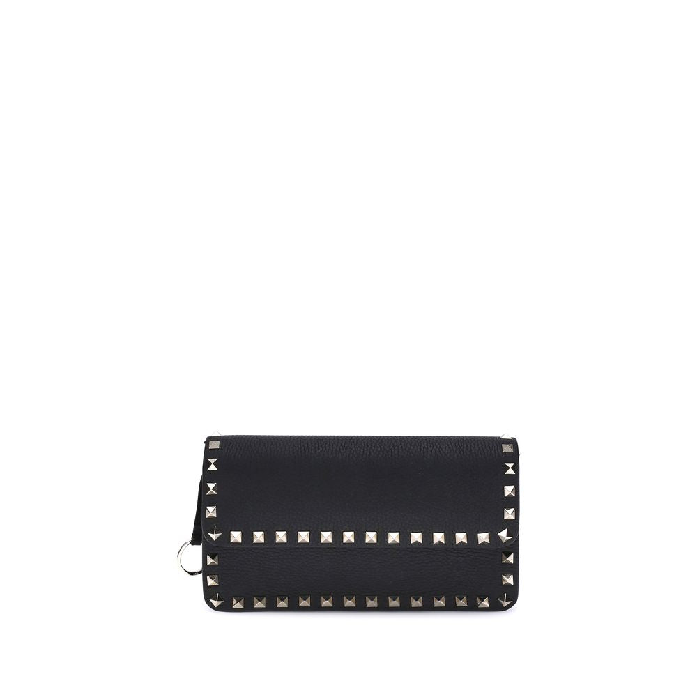 Valentino Garavani Black Calf Leather Rockstud Chain Wallet