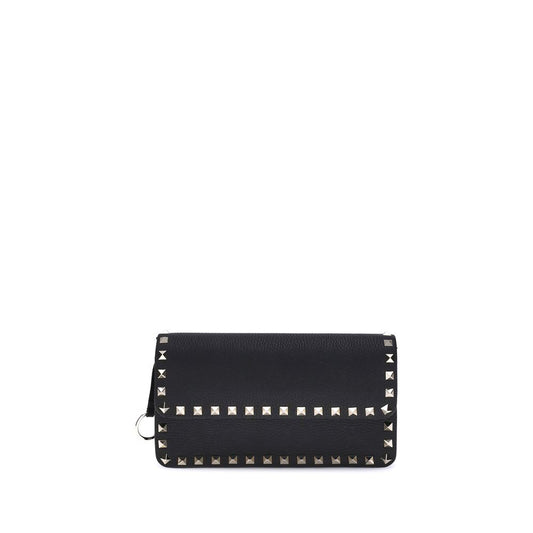 Valentino Garavani Black Calf Leather Rockstud Chain Wallet