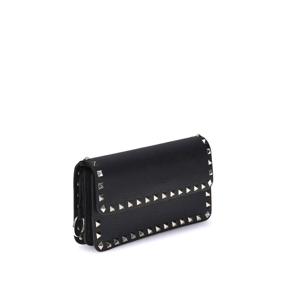 Valentino Garavani Black Calf Leather Rockstud Chain Wallet