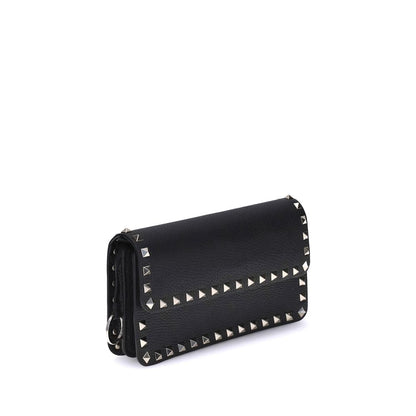 Valentino Garavani Black Calf Leather Rockstud Chain Wallet