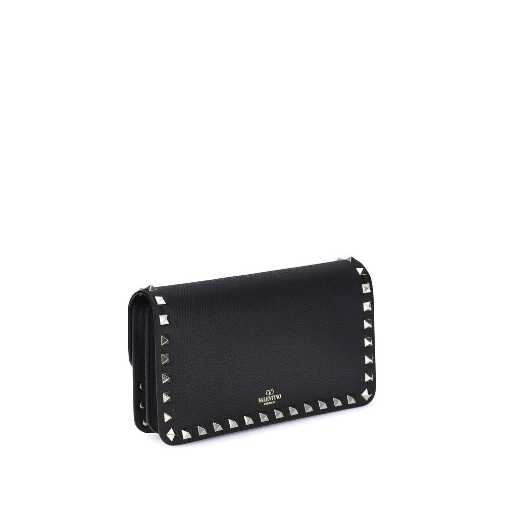 Valentino Garavani Black Calf Leather Rockstud Chain Wallet