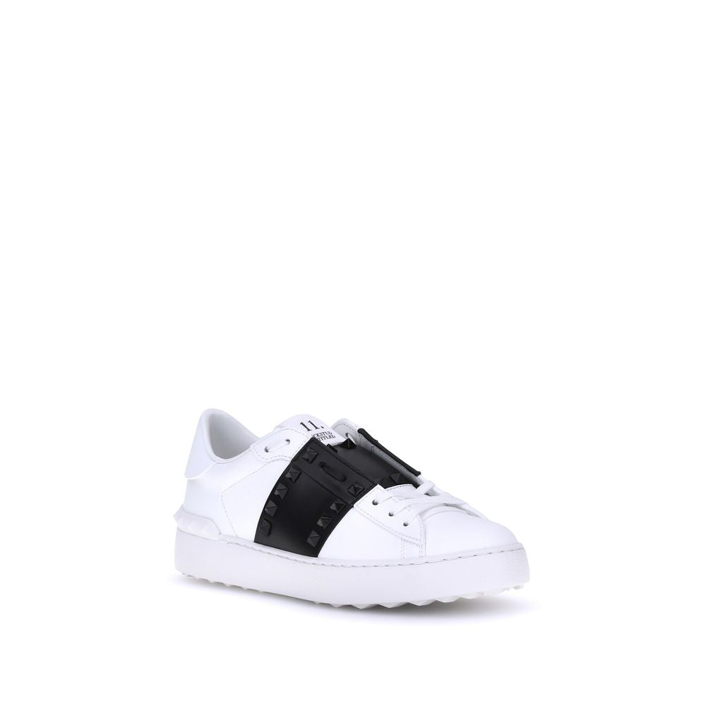 Valentino Garavani White & Black Leather Open Rockstud Low Top Sneakers