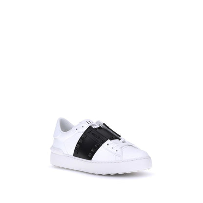 Valentino Garavani White & Black Leather Open Rockstud Low Top Sneakers