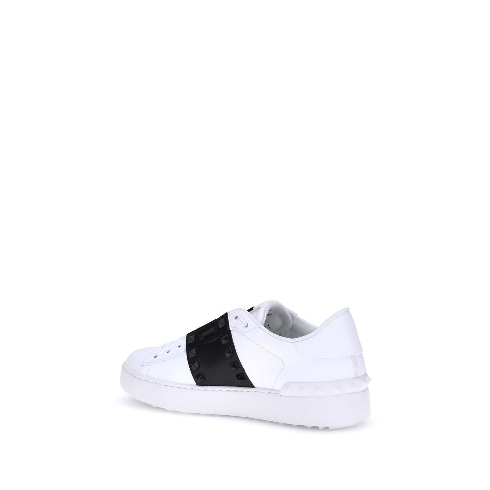 Valentino Garavani White & Black Leather Open Rockstud Low Top Sneakers