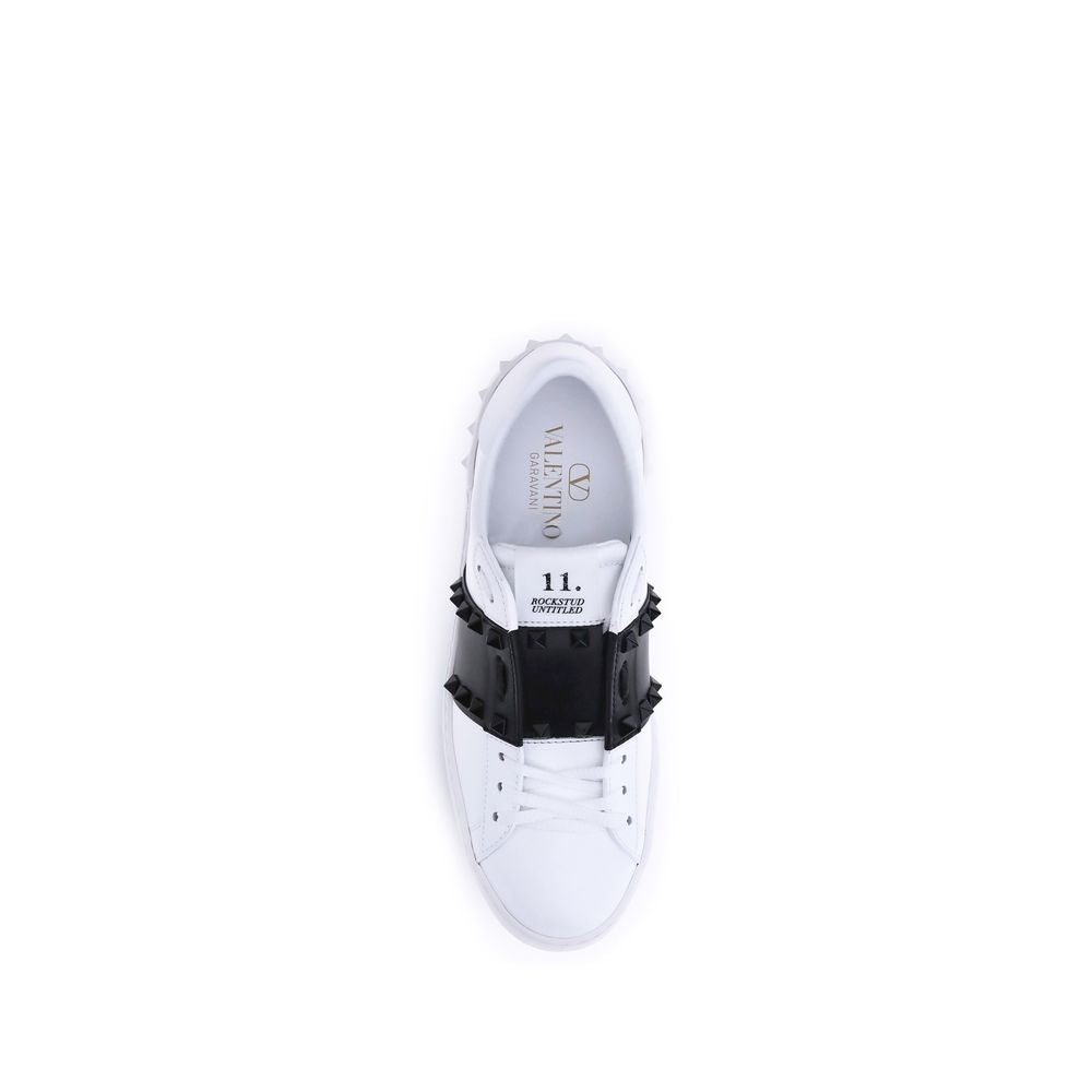 Valentino Garavani White & Black Leather Open Rockstud Low Top Sneakers