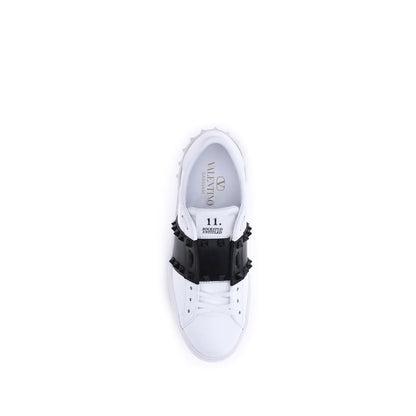 Valentino Garavani White & Black Leather Open Rockstud Low Top Sneakers