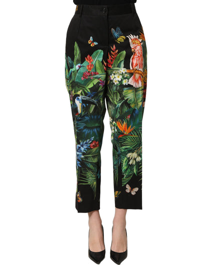 Dolce & Gabbana Black Tropical Print Cotton High Waist Pants