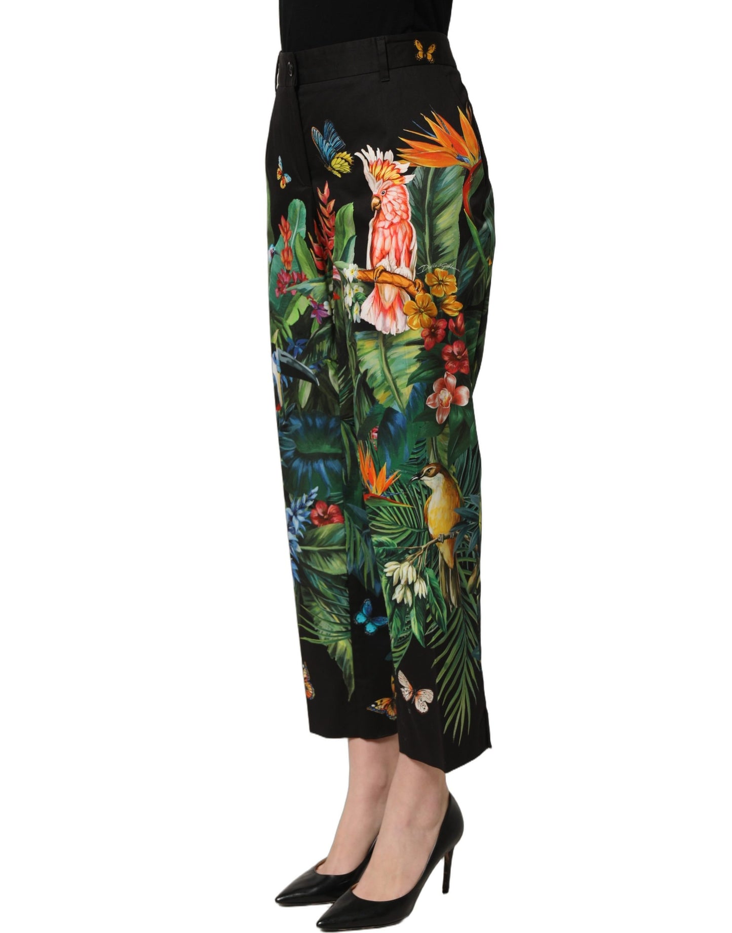 Dolce & Gabbana Black Tropical Print Cotton High Waist Pants