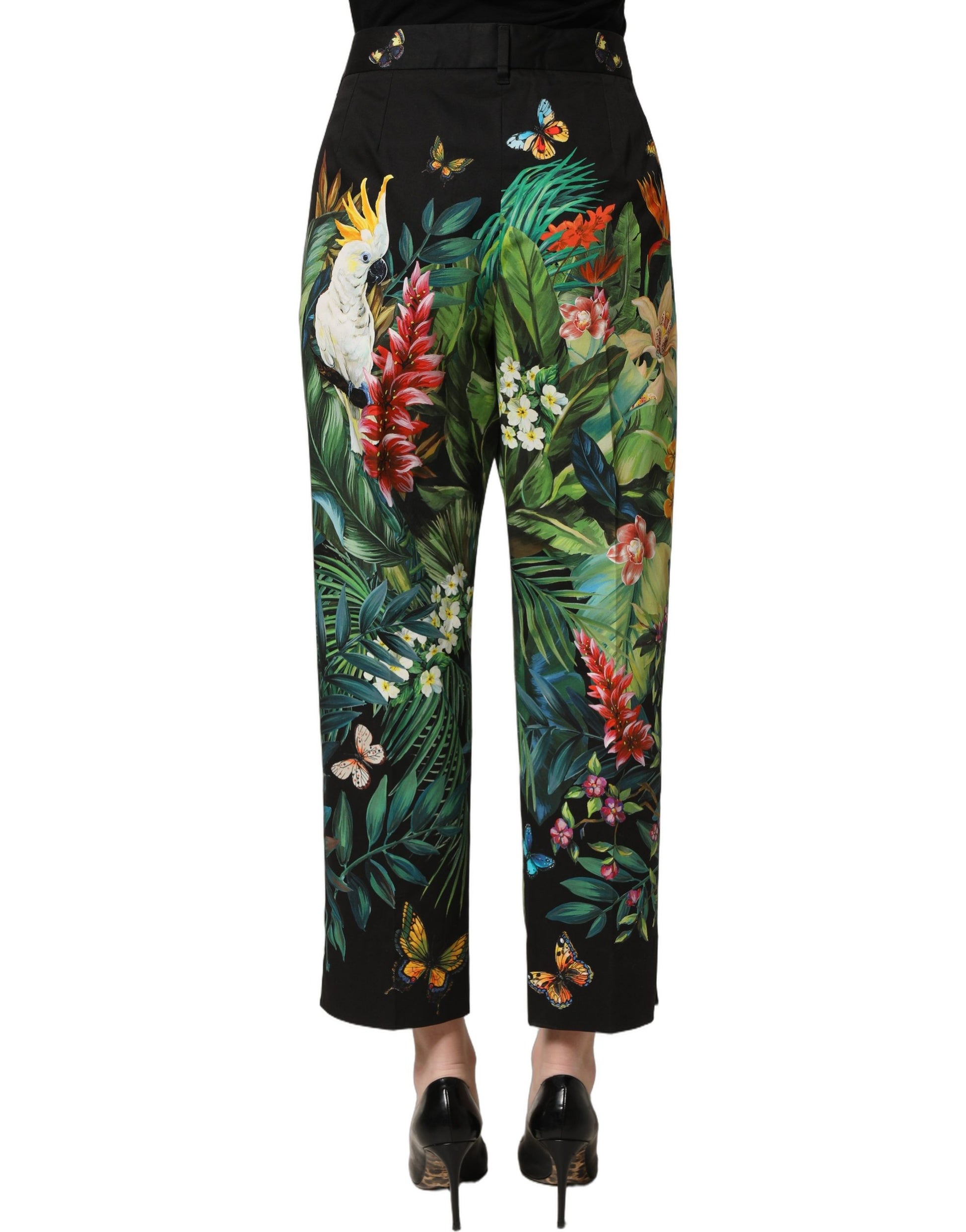 Dolce & Gabbana Black Tropical Print Cotton High Waist Pants
