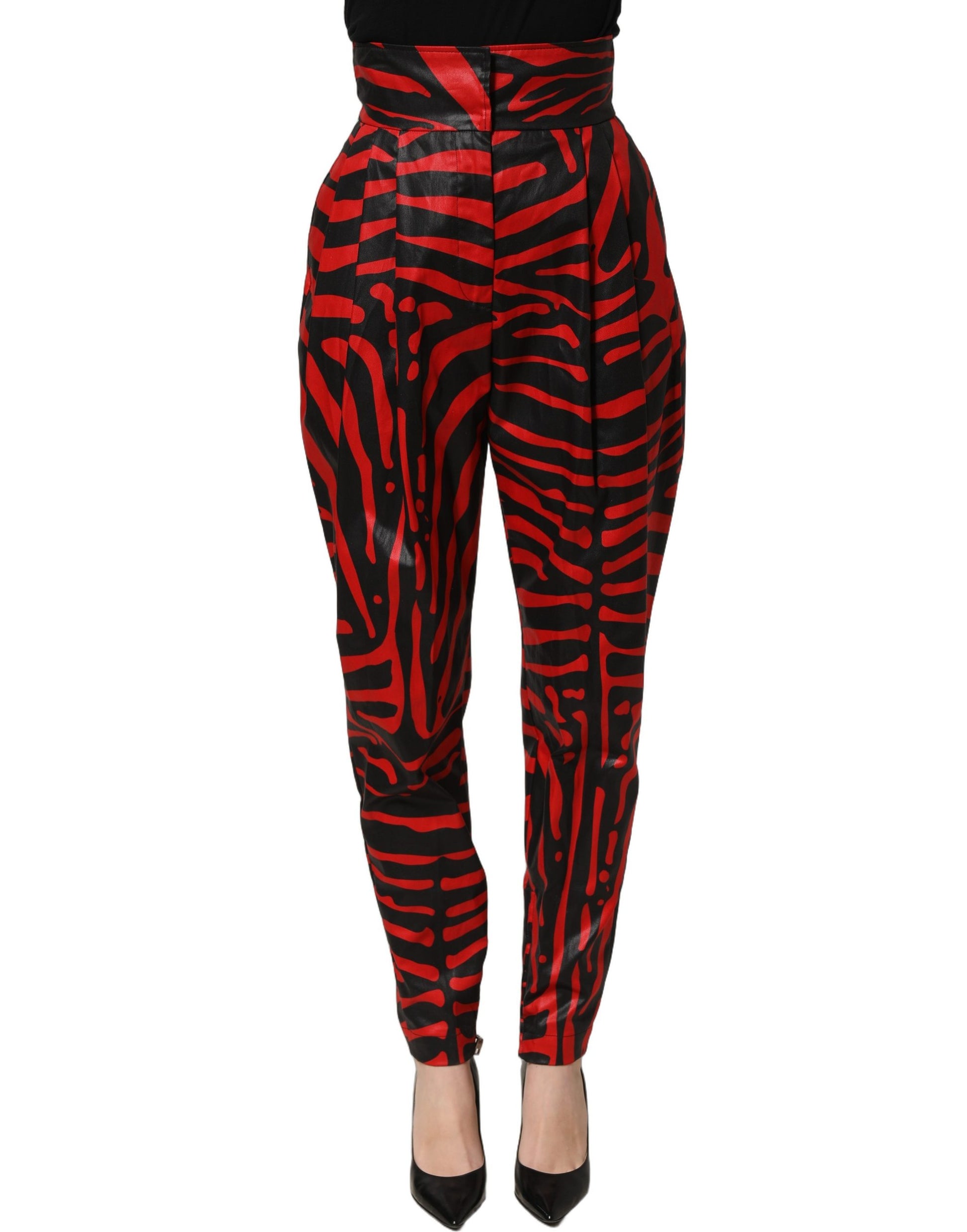 Dolce & Gabbana Red Black Zebra Print Cotton High Waist Pants