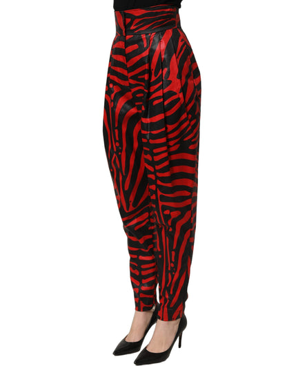 Dolce & Gabbana Red Black Zebra Print Cotton High Waist Pants