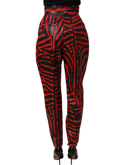 Dolce & Gabbana Red Black Zebra Print Cotton High Waist Pants