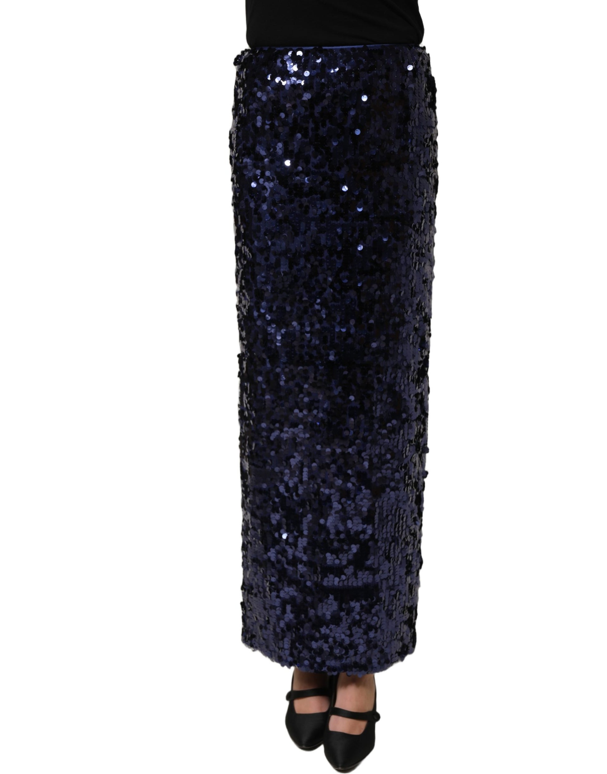 Dolce & Gabbana Blue Sequin High Waist Pencil Cut Midi Skirt