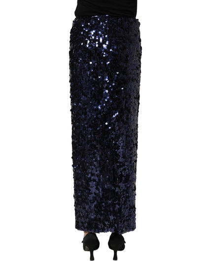 Dolce & Gabbana Blue Sequin High Waist Pencil Cut Midi Skirt