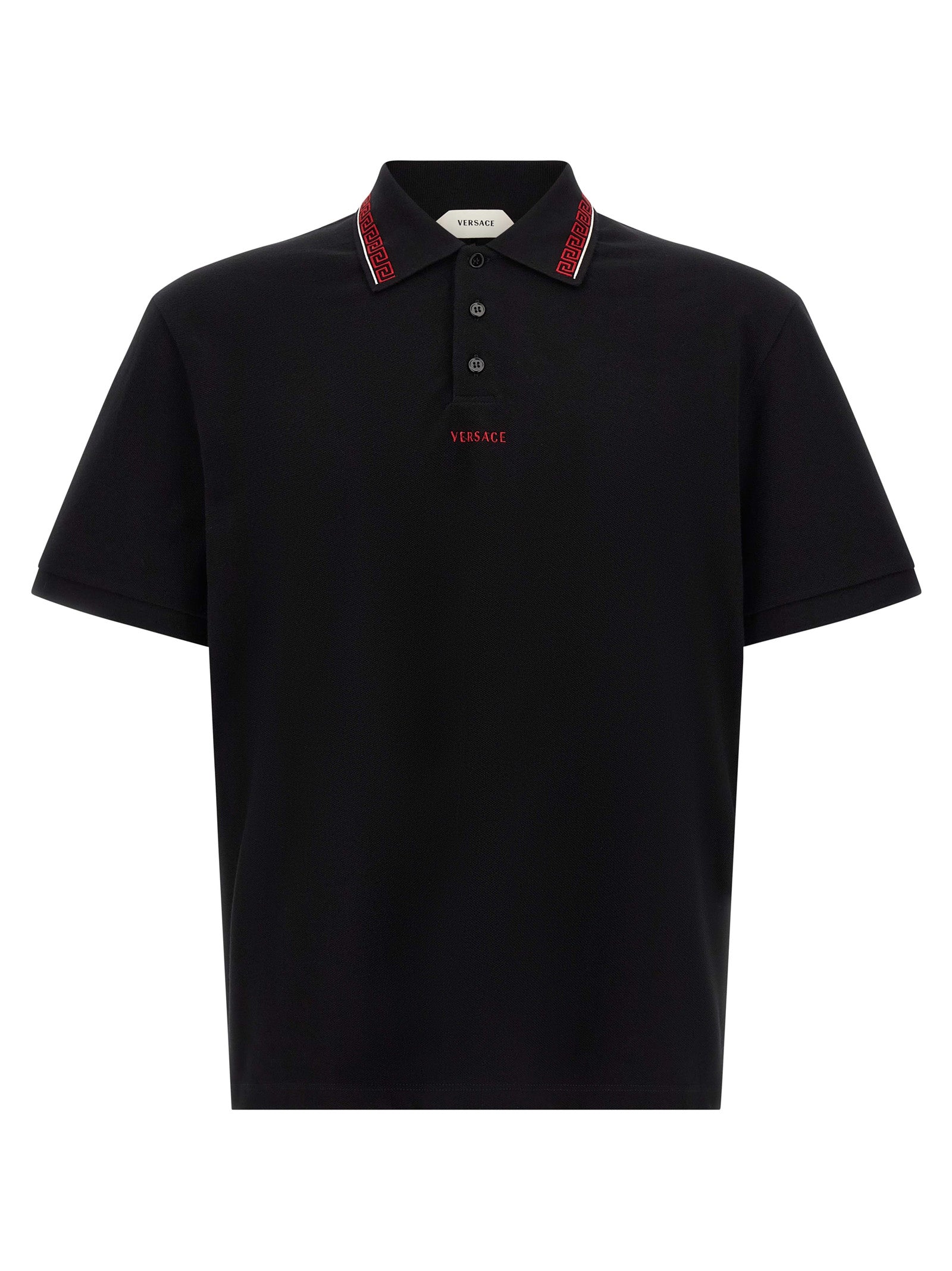 Versace Black Cotton Piqué Polo Shirt with Greca Thread and Logo Embroidery