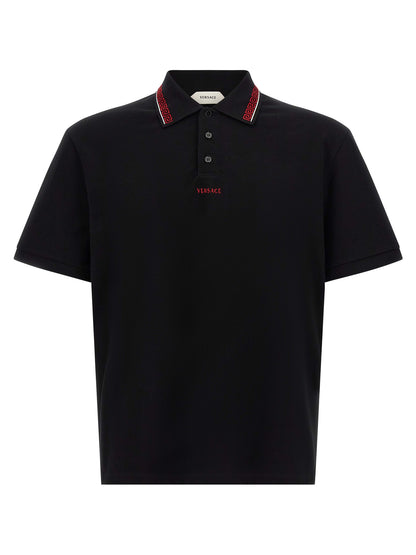 Versace Black Cotton Piqué Polo Shirt with Greca Thread and Logo Embroidery