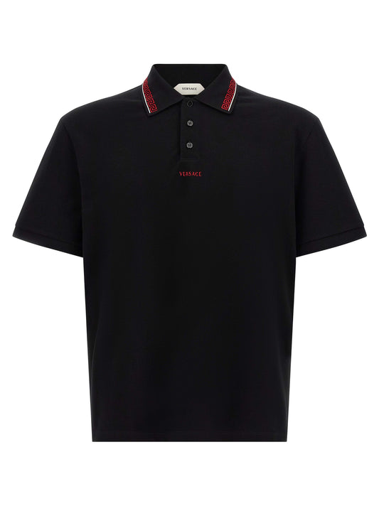 Versace Black Cotton Piqué Polo Shirt with Greca Thread and Logo Embroidery