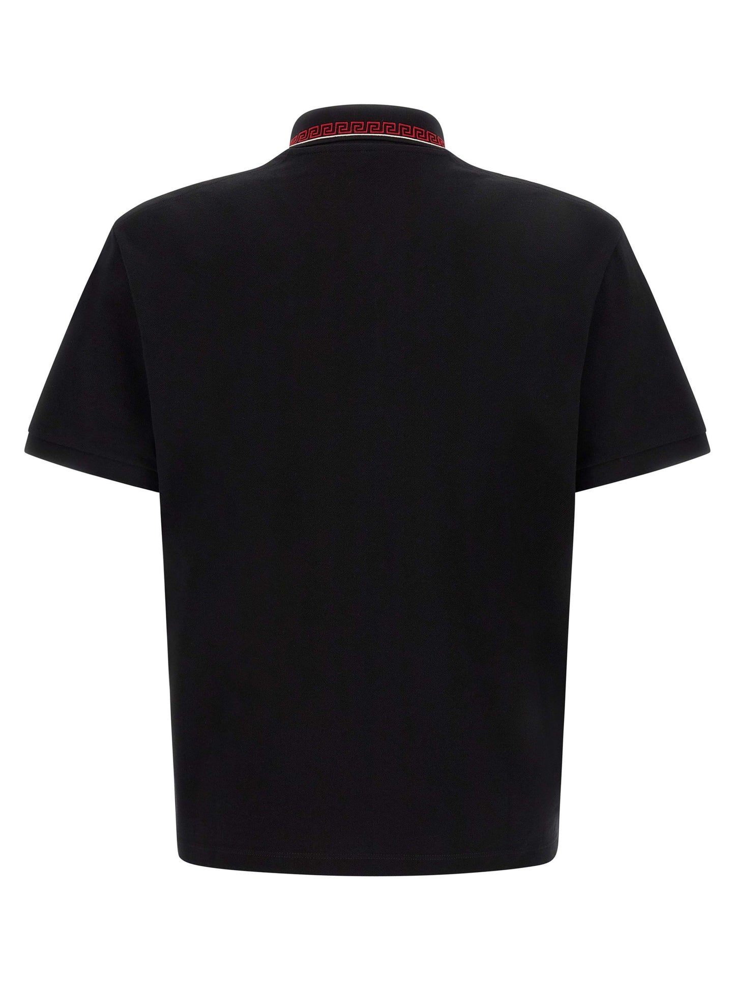 Versace Black Cotton Piqué Polo Shirt with Greca Thread and Logo Embroidery