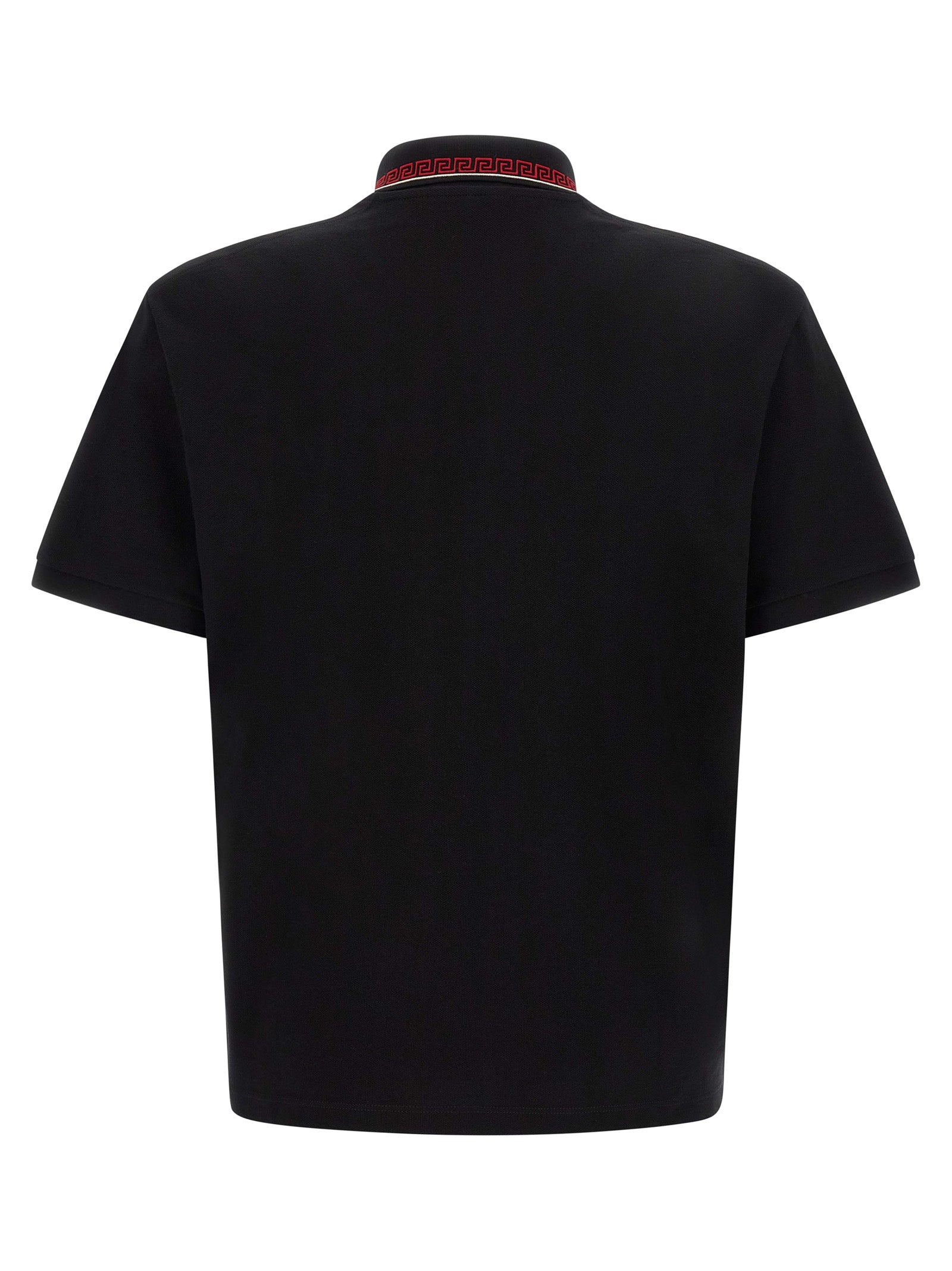 Versace Black Cotton Piqué Polo Shirt with Greca Thread and Logo Embroidery