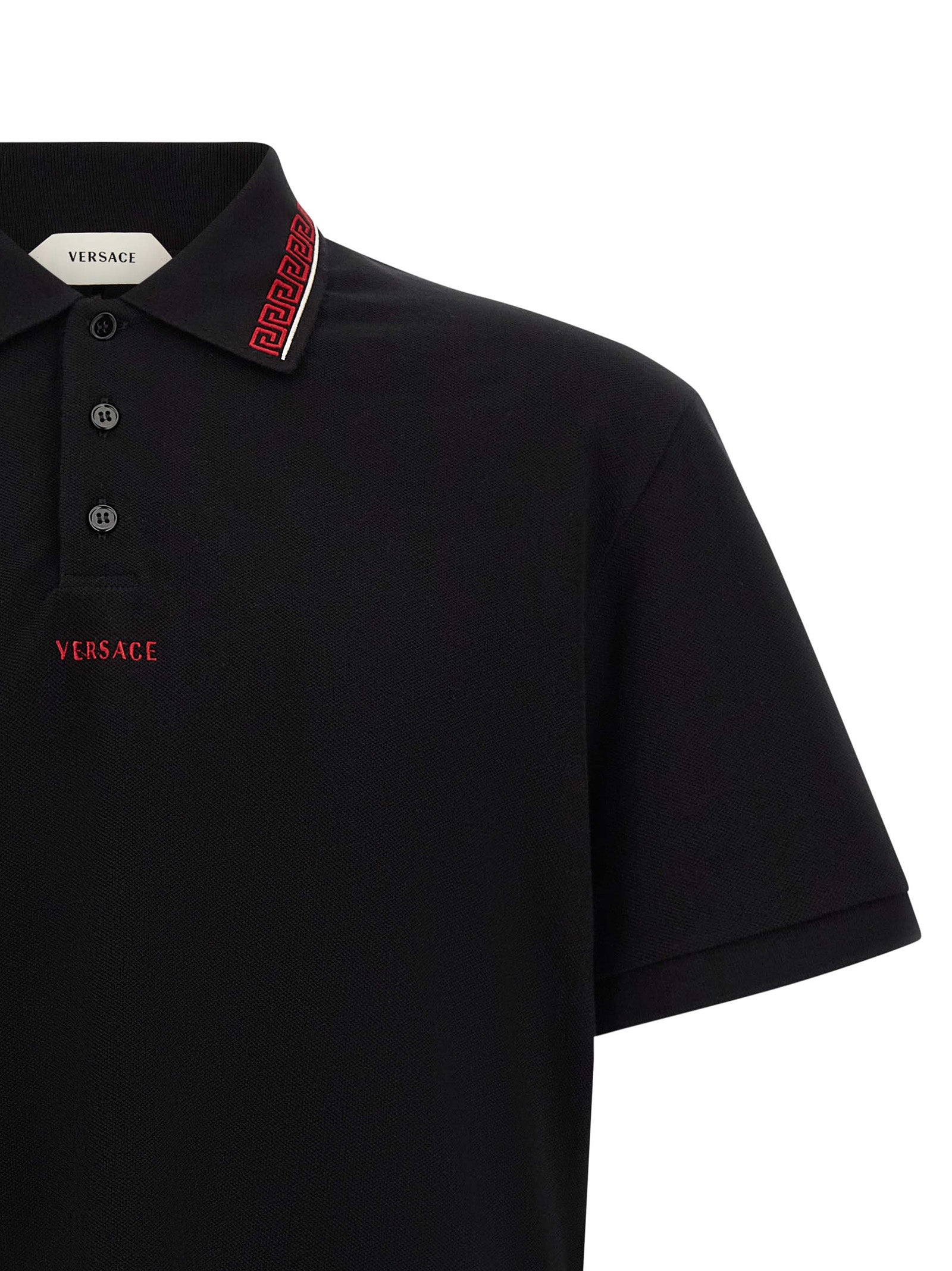 Versace Black Cotton Piqué Polo Shirt with Greca Thread and Logo Embroidery