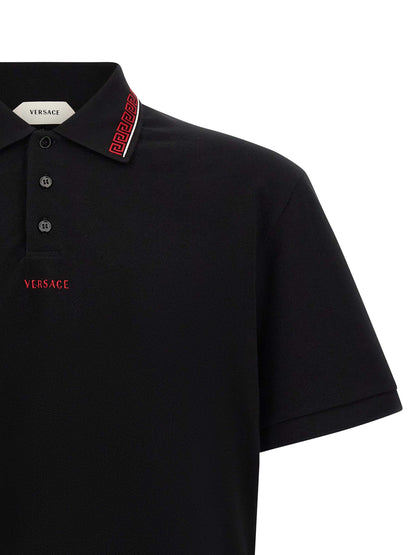 Versace Black Cotton Piqué Polo Shirt with Greca Thread and Logo Embroidery