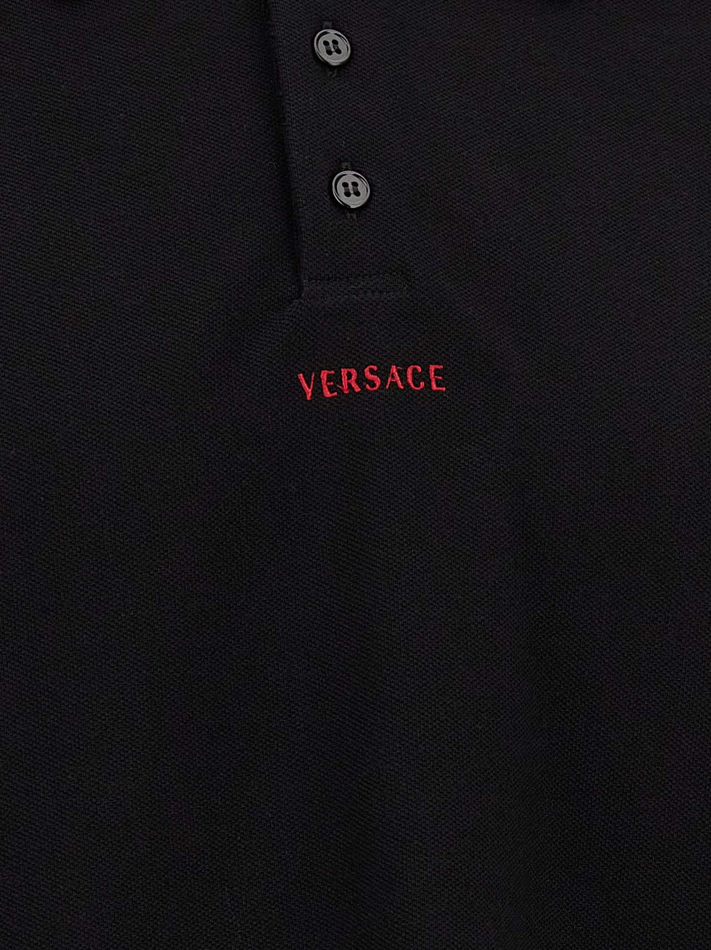Versace Black Cotton Piqué Polo Shirt with Greca Thread and Logo Embroidery