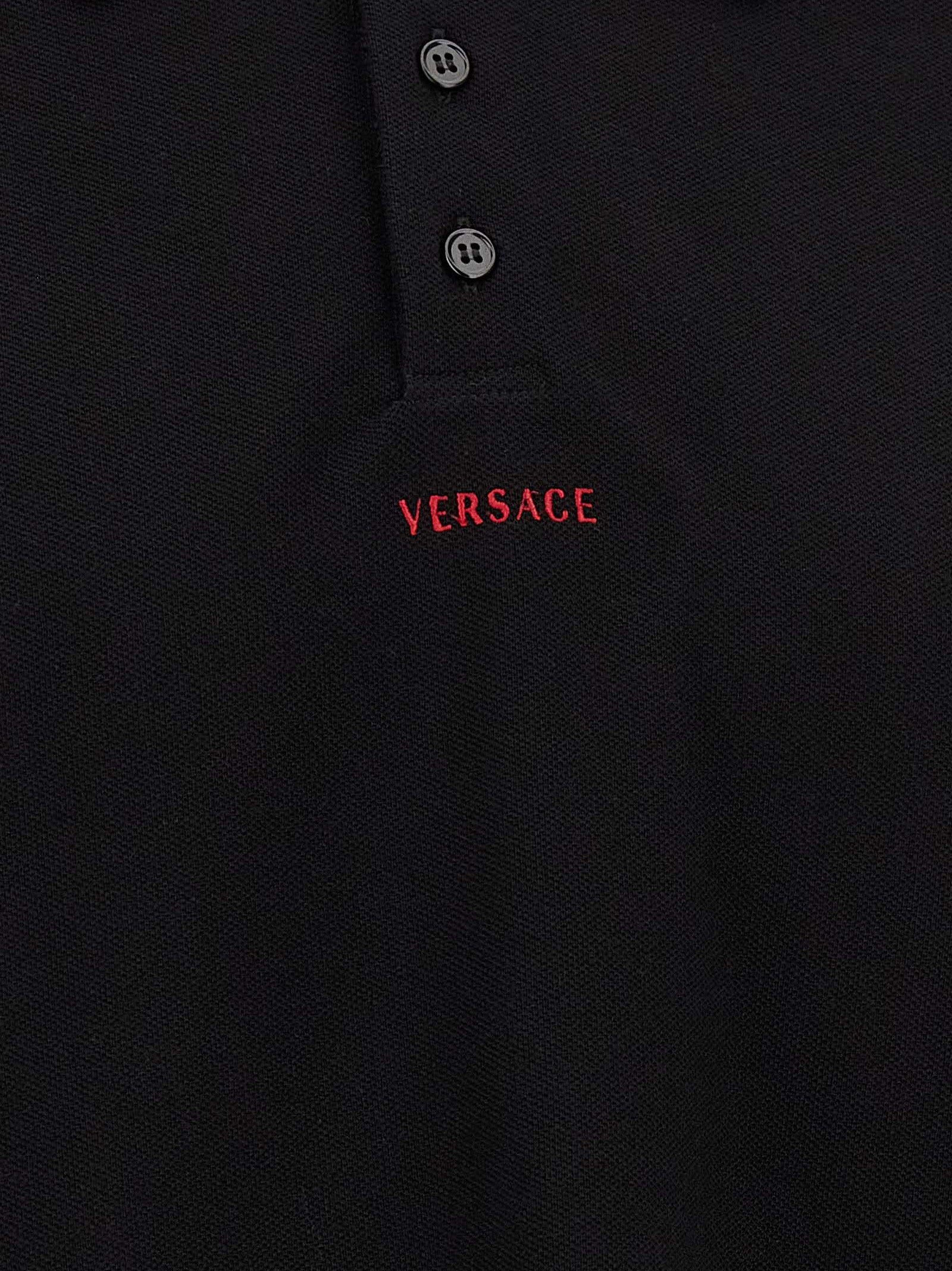 Versace Black Cotton Piqué Polo Shirt with Greca Thread and Logo Embroidery