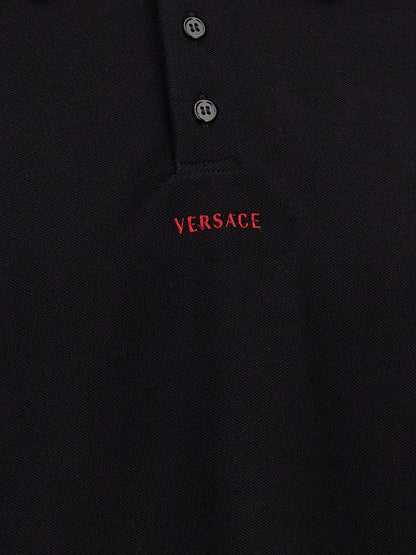 Versace Black Cotton Piqué Polo Shirt with Greca Thread and Logo Embroidery