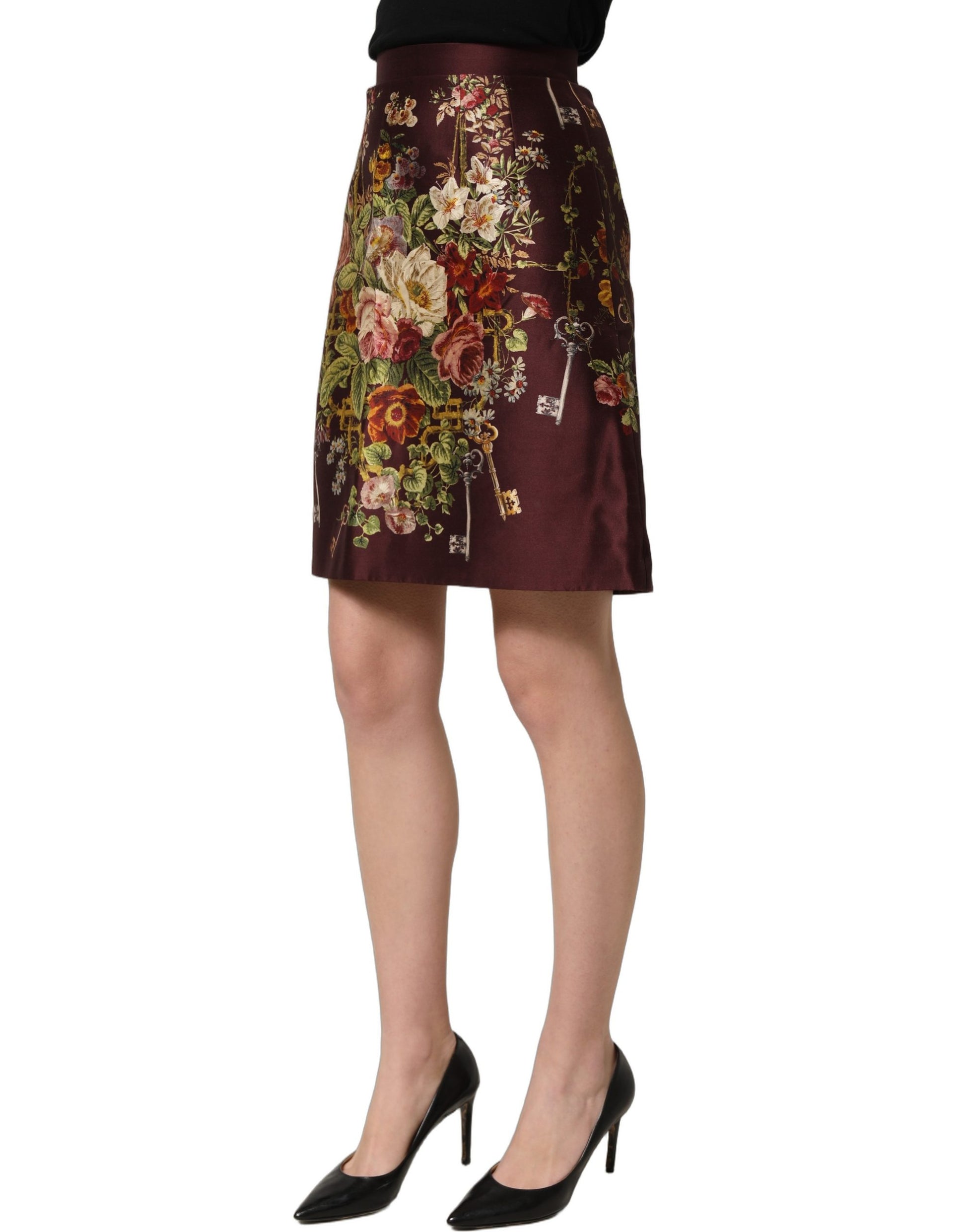 Dolce & Gabbana Burgundy Floral High-Waist A-line Mini Skirt