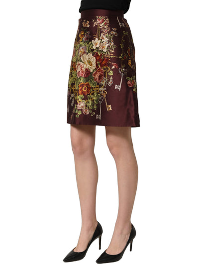 Dolce & Gabbana Burgundy Floral High-Waist A-line Mini Skirt