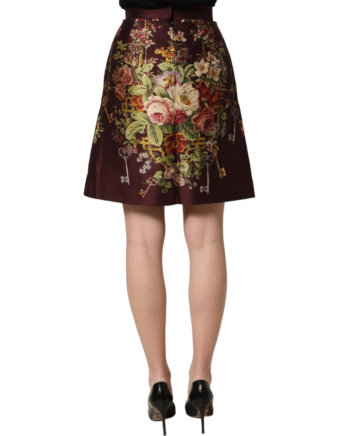 Dolce & Gabbana Burgundy Floral High-Waist A-line Mini Skirt