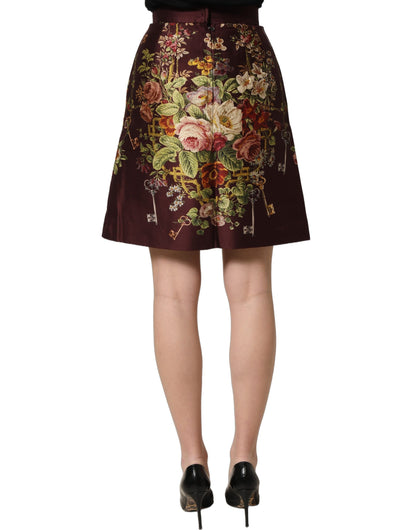 Dolce & Gabbana Burgundy Floral High-Waist A-line Mini Skirt