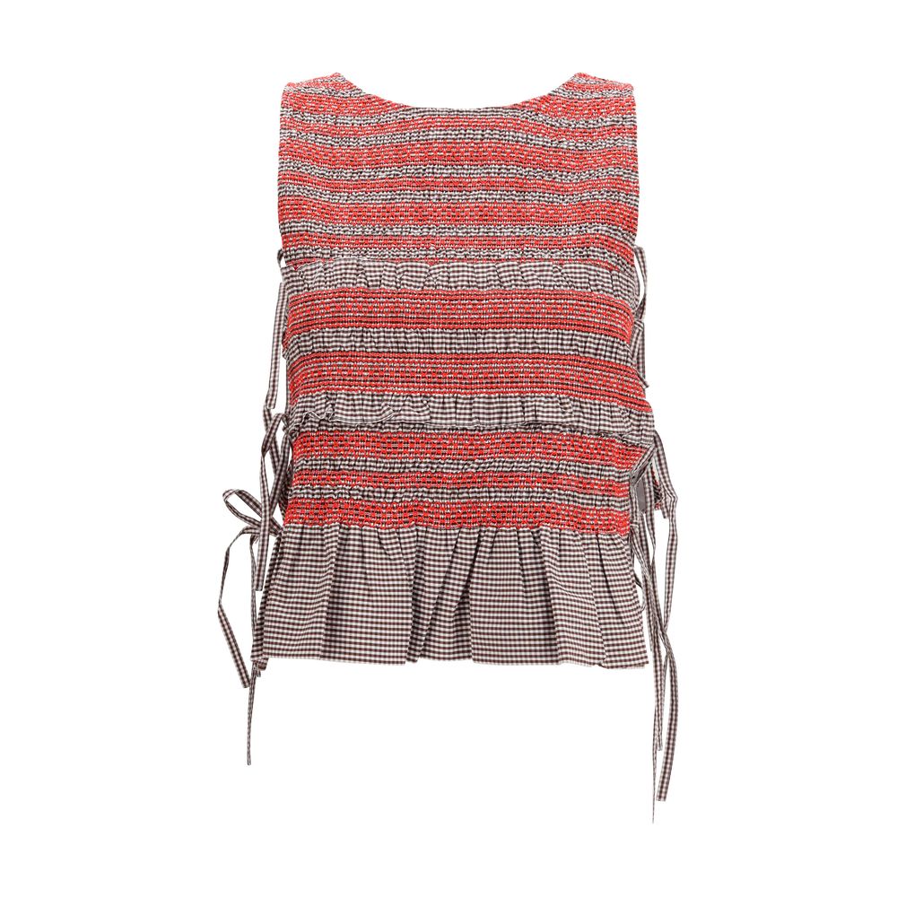 Ganni Brown Cotton Sleeveless T-Shirt with Ruching and Side Ties