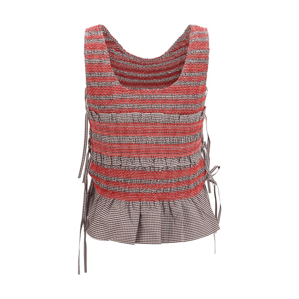 Ganni Brown Cotton Sleeveless T-Shirt with Ruching and Side Ties