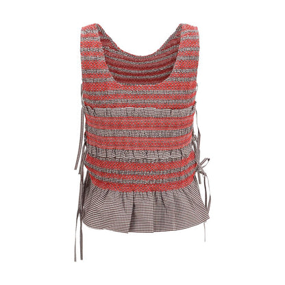 Ganni Brown Cotton Sleeveless T-Shirt with Ruching and Side Ties