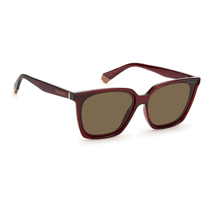 Polaroid Women’s Sunglasses – Red Rectangular Frame, Brown Polarized Lenses