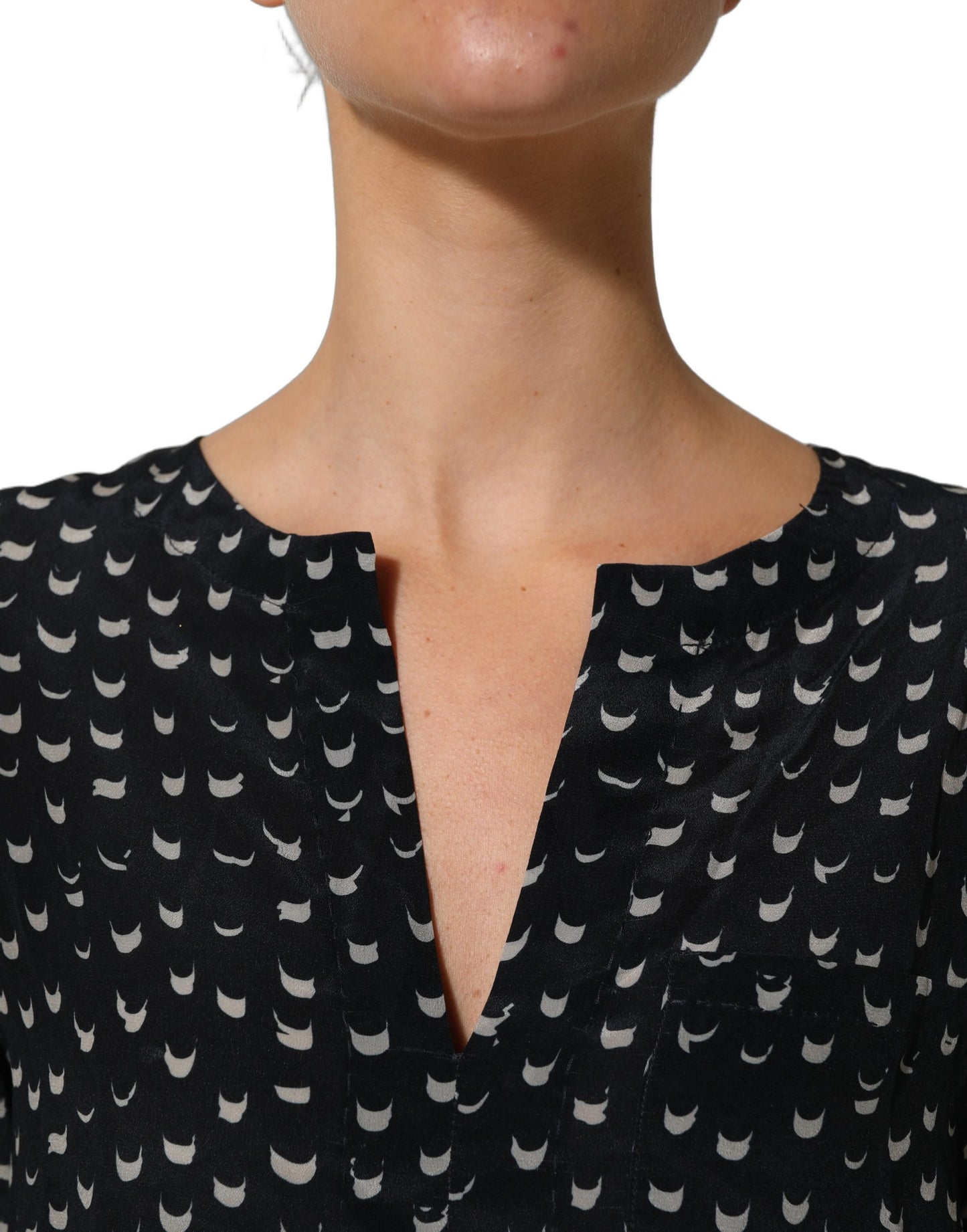 Bruno Manetti Black Silk Long Sleeves Deep V-neck Blouse Top
