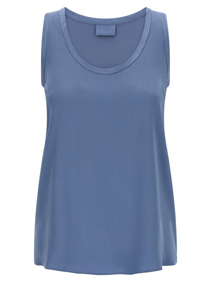 Brunello Cucinelli Blue Silk Sleeveless T-Shirt
