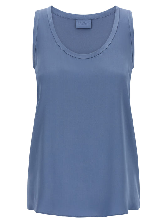 Brunello Cucinelli Blue Silk Sleeveless T-Shirt
