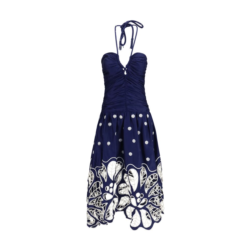 FARM RIO Blue Cotton Casual Dress - Richelieu Embroidered Midi Dress - XS