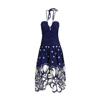 FARM RIO Blue Cotton Casual Dress - Richelieu Embroidered Midi Dress - XS