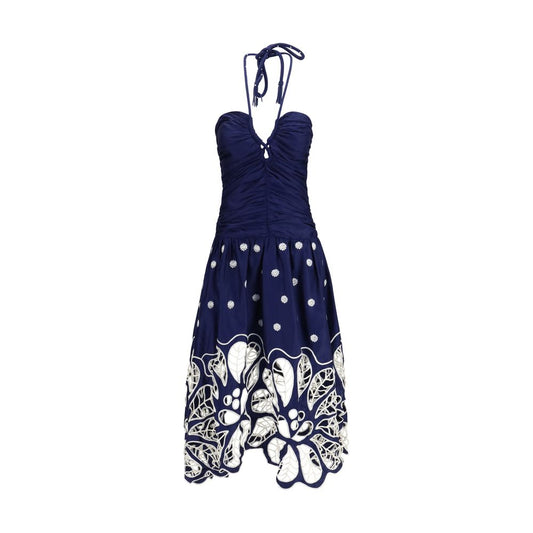 FARM RIO Blue Cotton Casual Dress - Richelieu Embroidered Midi Dress - XS