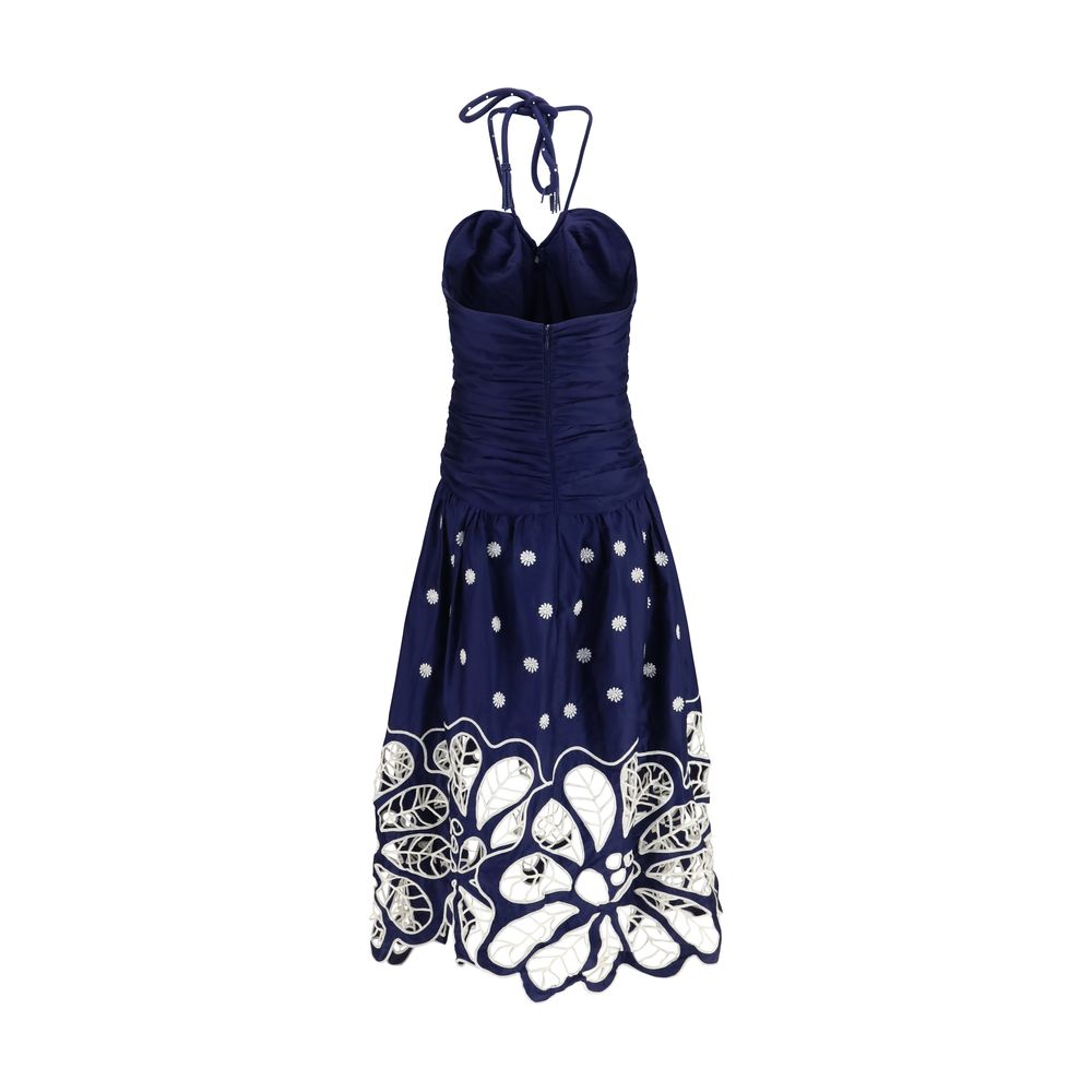 FARM RIO Blue Cotton Casual Dress - Richelieu Embroidered Midi Dress - XS