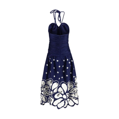 FARM RIO Blue Cotton Casual Dress - Richelieu Embroidered Midi Dress - XS