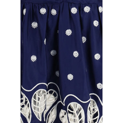 FARM RIO Blue Cotton Casual Dress - Richelieu Embroidered Midi Dress - XS